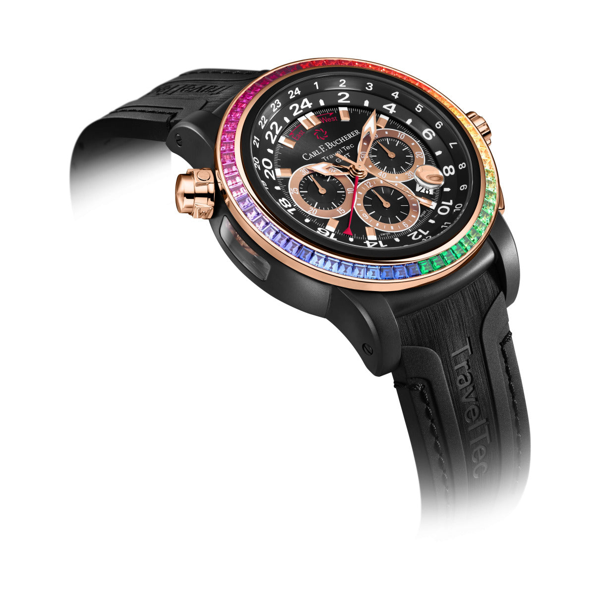 Carl F. Bucherer Patravi Traveltec Paradise Chronograph  DLC Stainless steel & 18K rose gold bezel & Tsavorites & Sapphires & Rubies Men's Watch