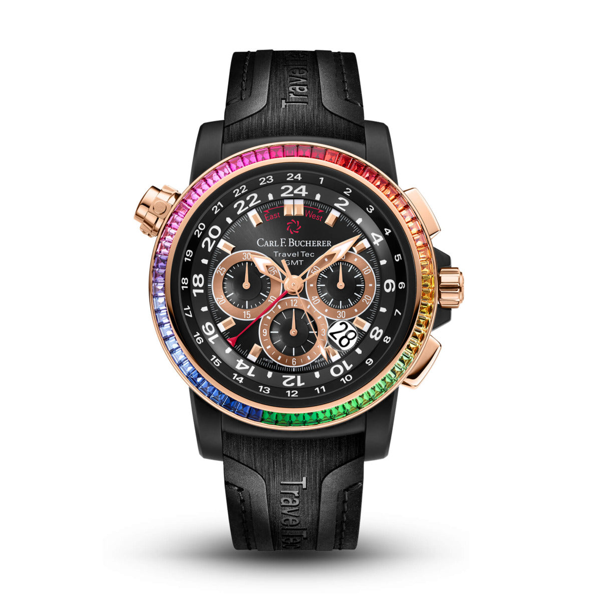 Carl F. Bucherer Patravi Traveltec Paradise Chronograph  DLC Stainless steel & 18K rose gold bezel & Tsavorites & Sapphires & Rubies Men's Watch - Premium Luxury Product