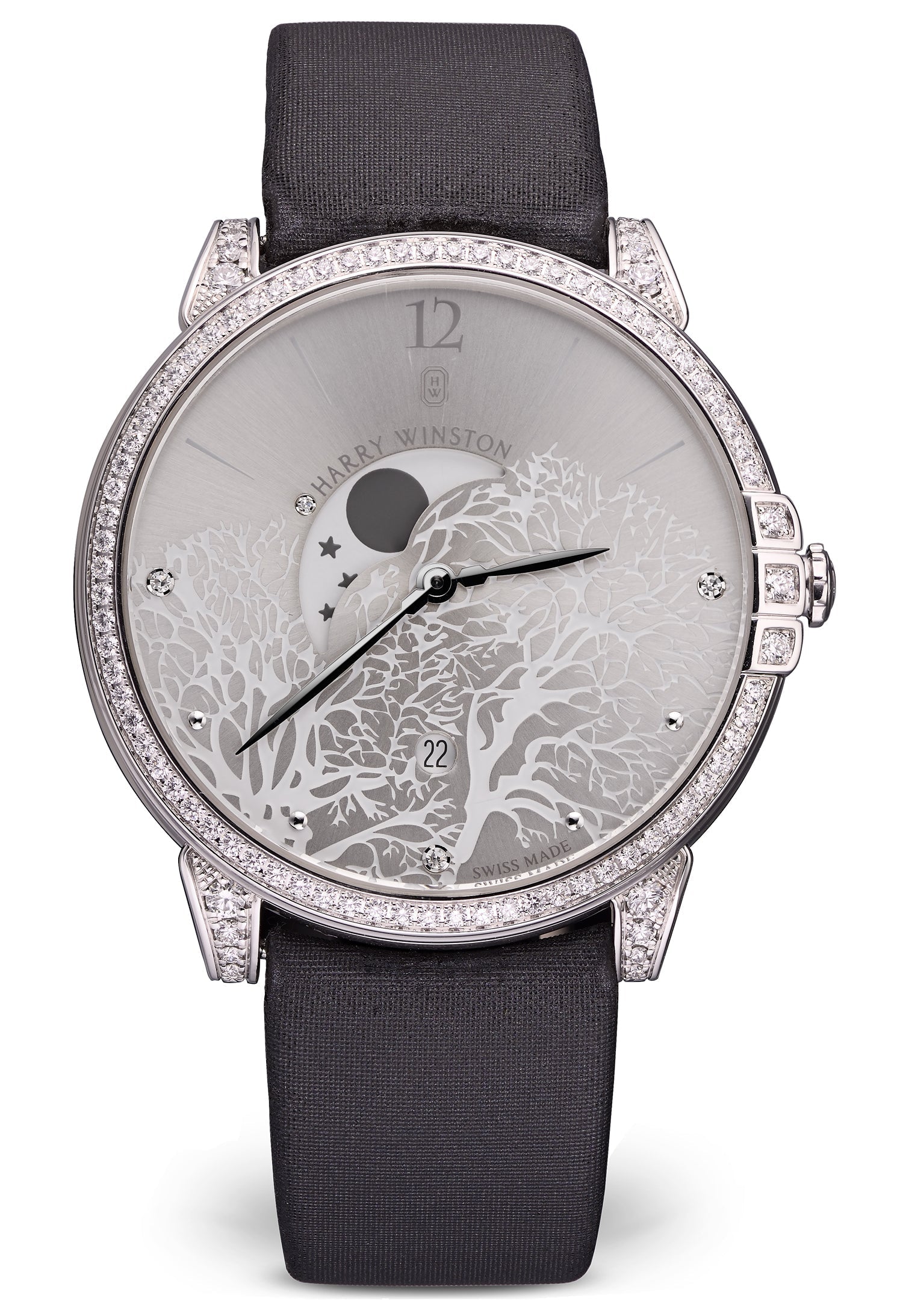 Harry Winston Midnight Moon Phase 18K White Gold & Diamonds Ladies Watch
