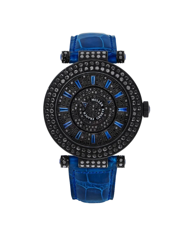 Franck Muller Ronde Double Mystery 18K White Gold PVD & Black Diamond & Sapphires Ladies Watch - Premium Luxury Product