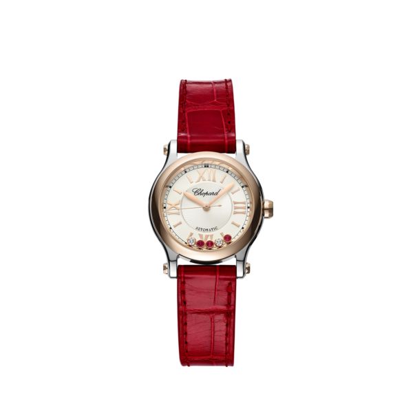 Chopard Happy Sport Stainlees steel and18K Rose Gold & Diamonds and RUBIES Ladies Watch