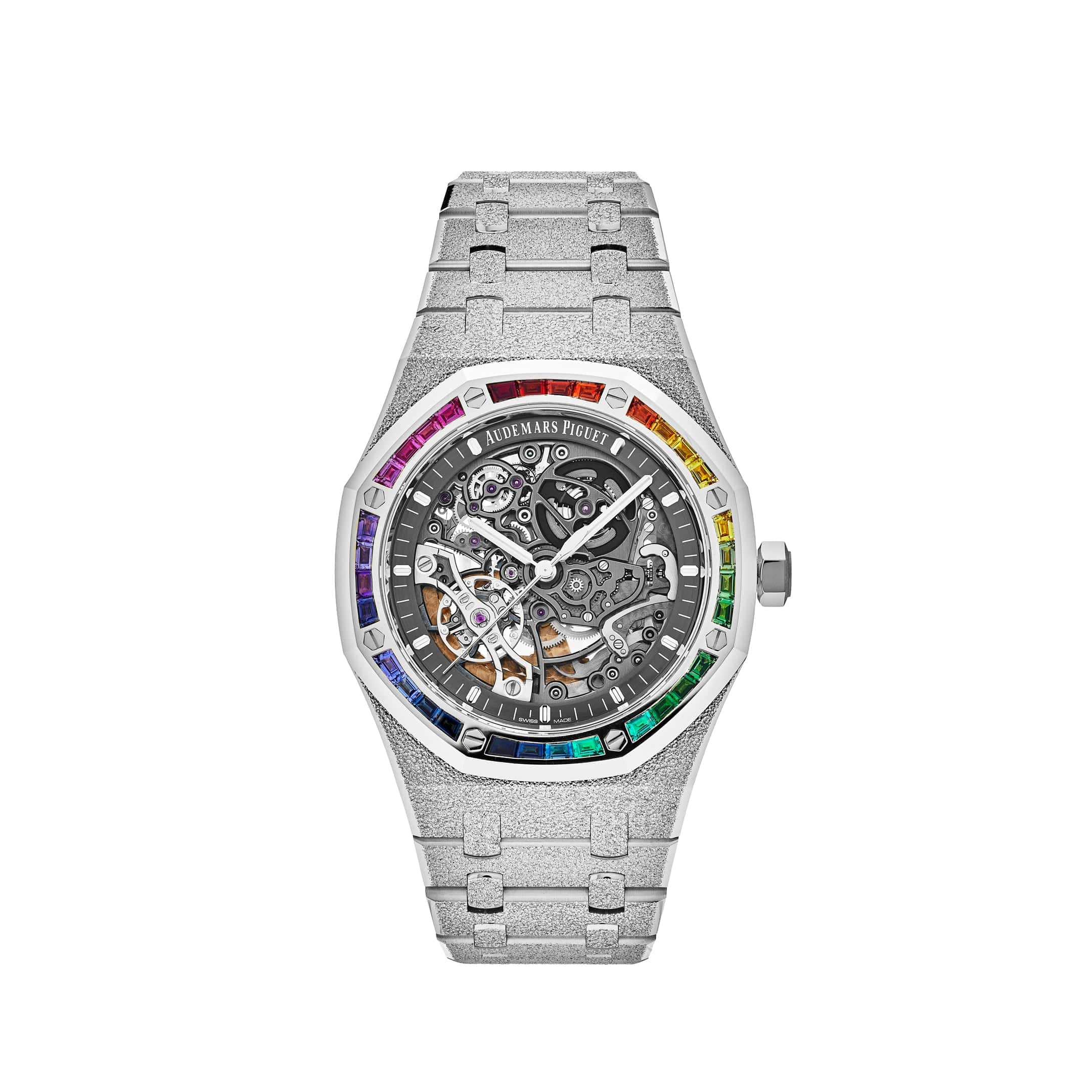 Audemars Piguet Royal Oak 15412BC.YG.1224BC.03 Double Balance Wheel Rainbow Bezel Frosted White Gold - Premium Luxury Product