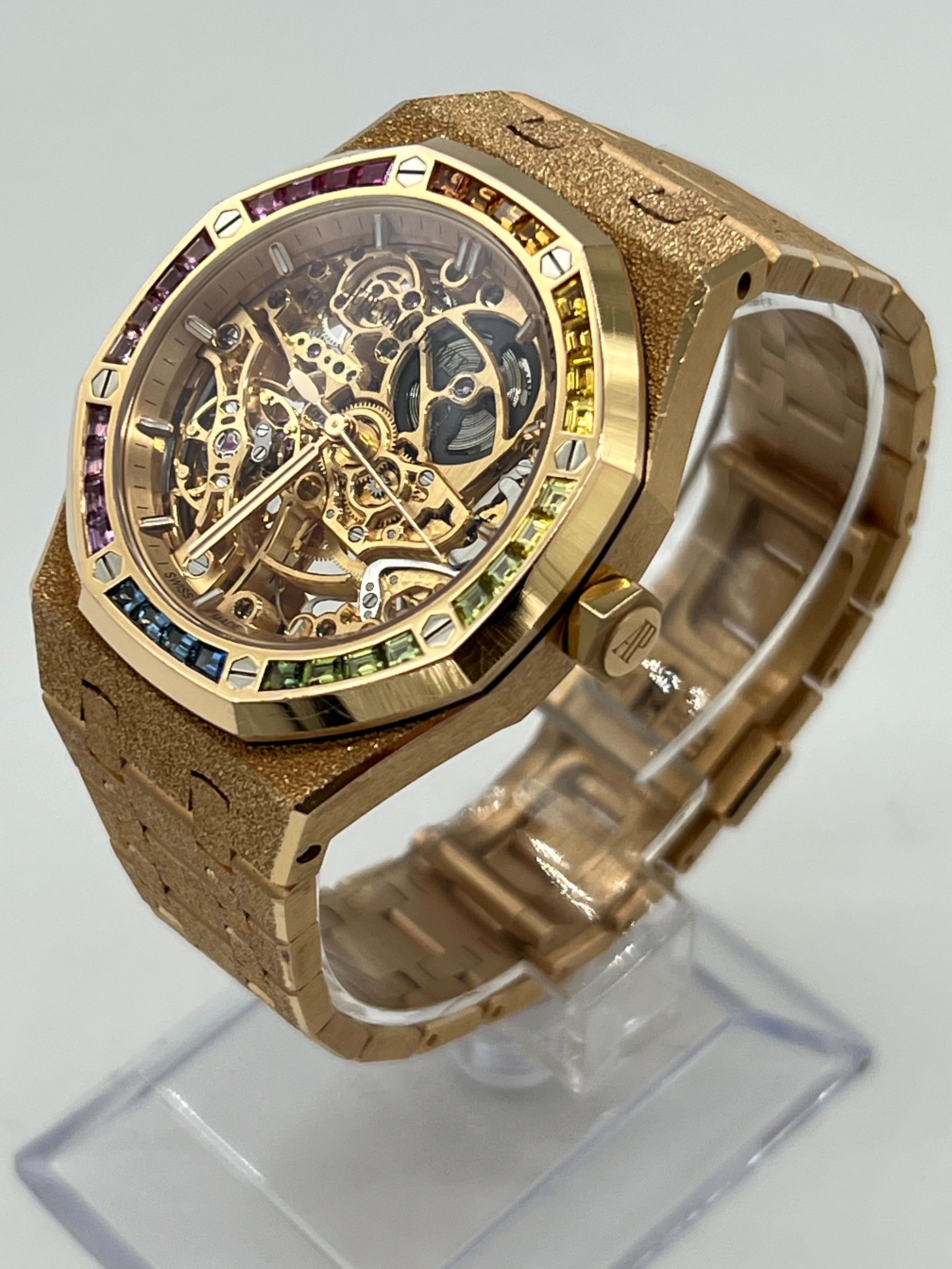 Audemars Piguet Royal Oak 15468OR.YG.1259OR.01 Openworked Frosted Rose Gold Rainbow Bezel