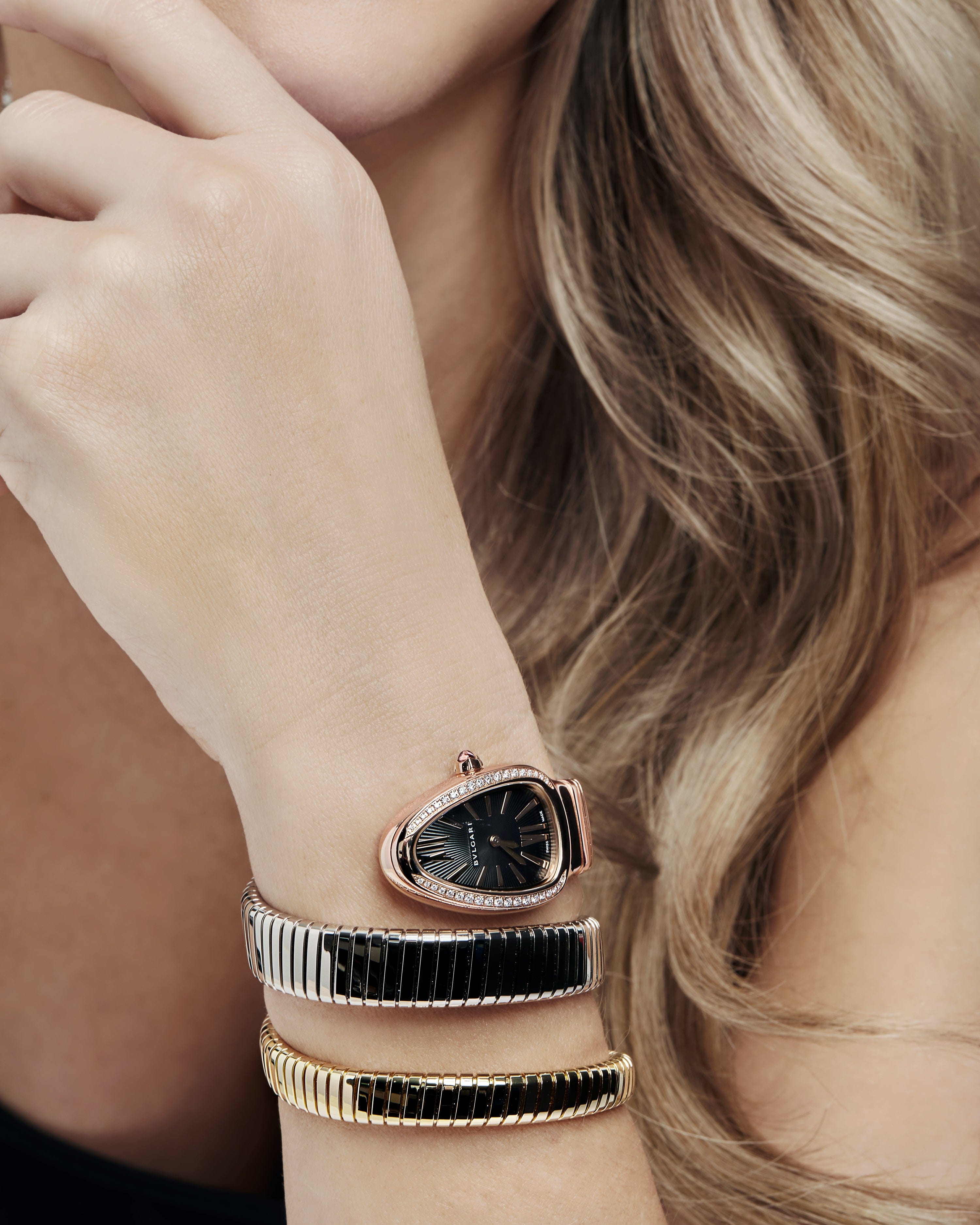 BVLGARI Serpenti Tubogas Watch 102948 Three-Tone Double Spiral Diamond Bezel - Premium Luxury Product