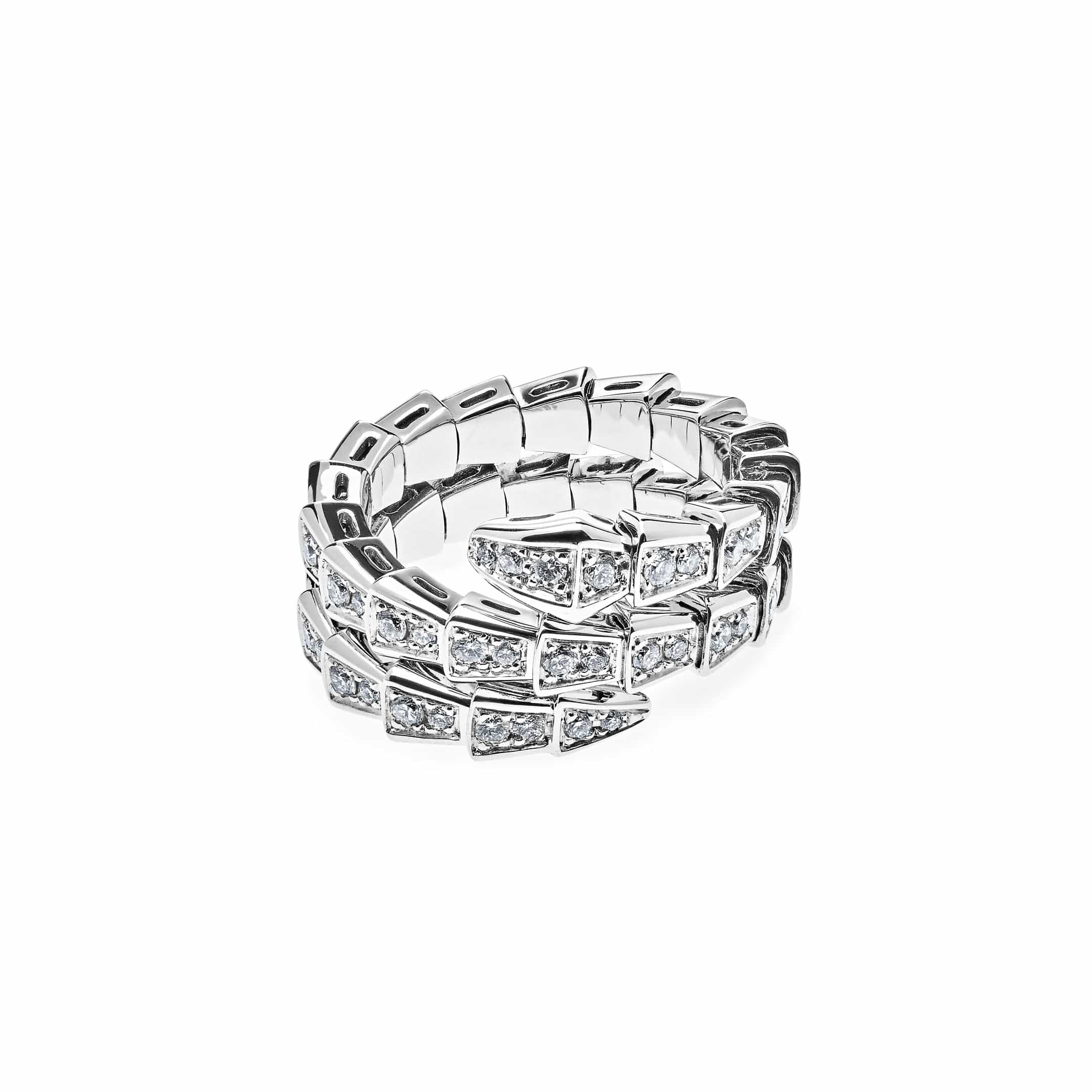BVLGARI Serpenti Viper Thin Two-Coil Ring White Gold Full Pavé Diamond Set 357259