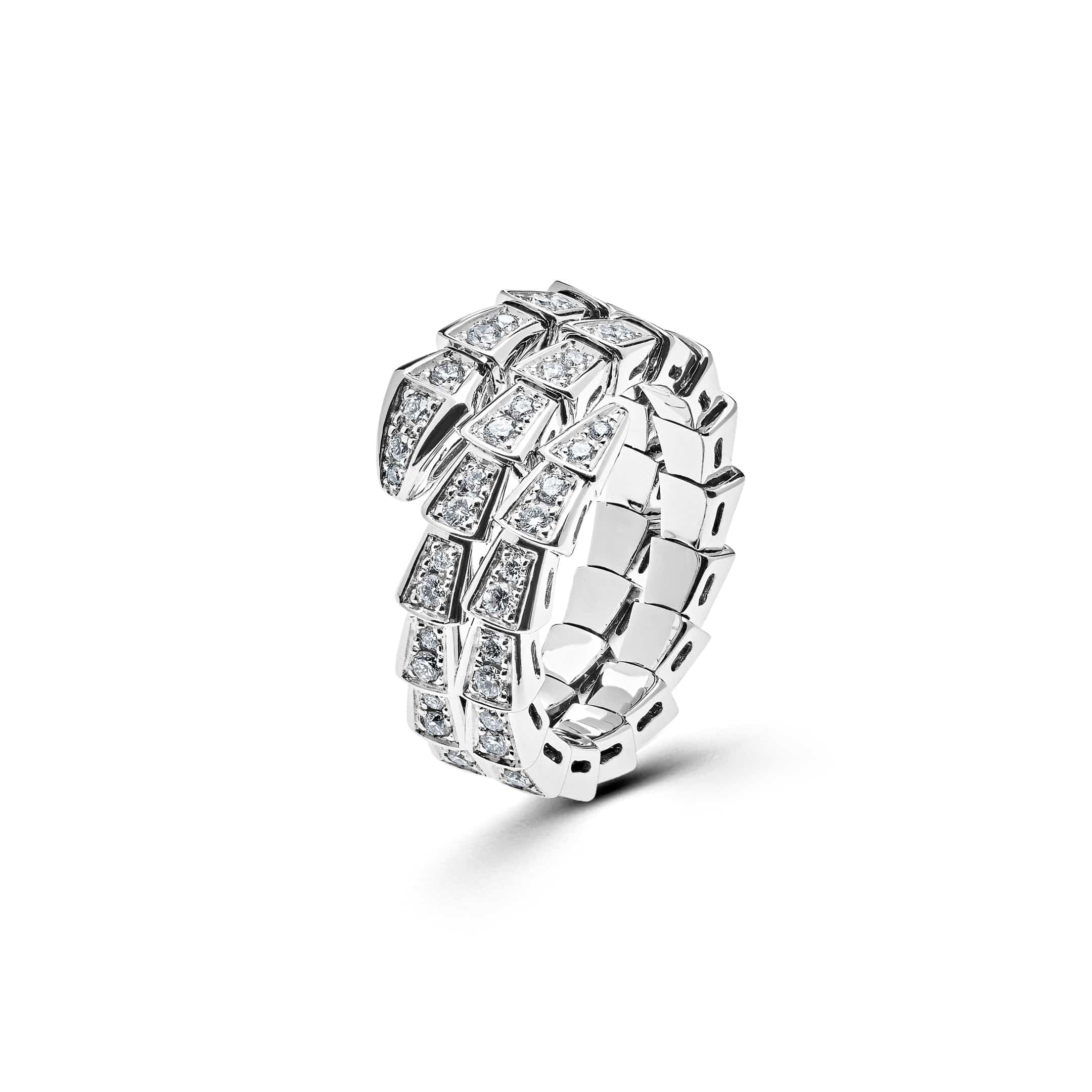 BVLGARI Serpenti Viper Thin Two-Coil Ring White Gold Full Pavé Diamond Set 357259 - Premium Luxury Product