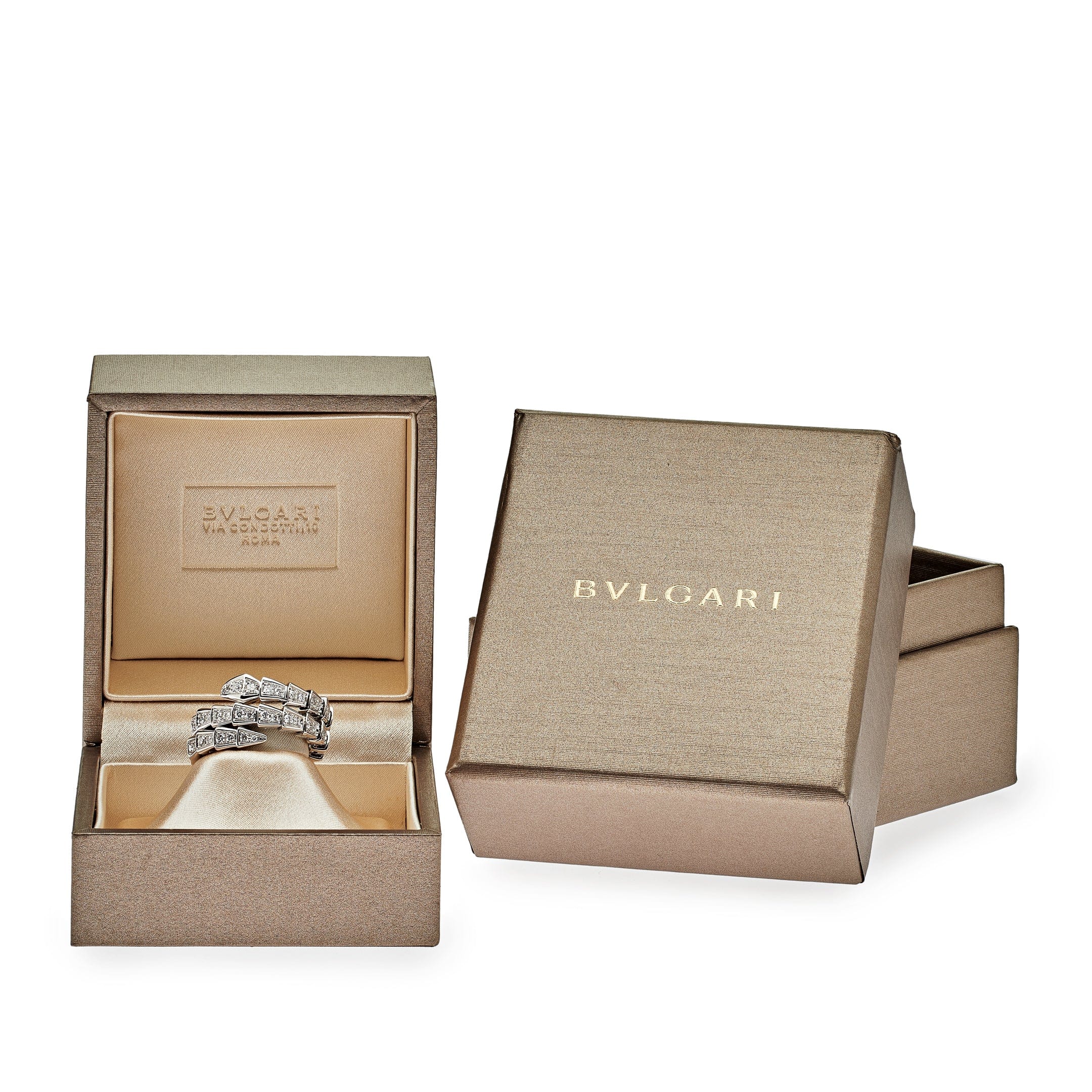 BVLGARI Serpenti Viper Thin Two-Coil Ring White Gold Full Pavé Diamond Set 357259 - Premium Luxury Product