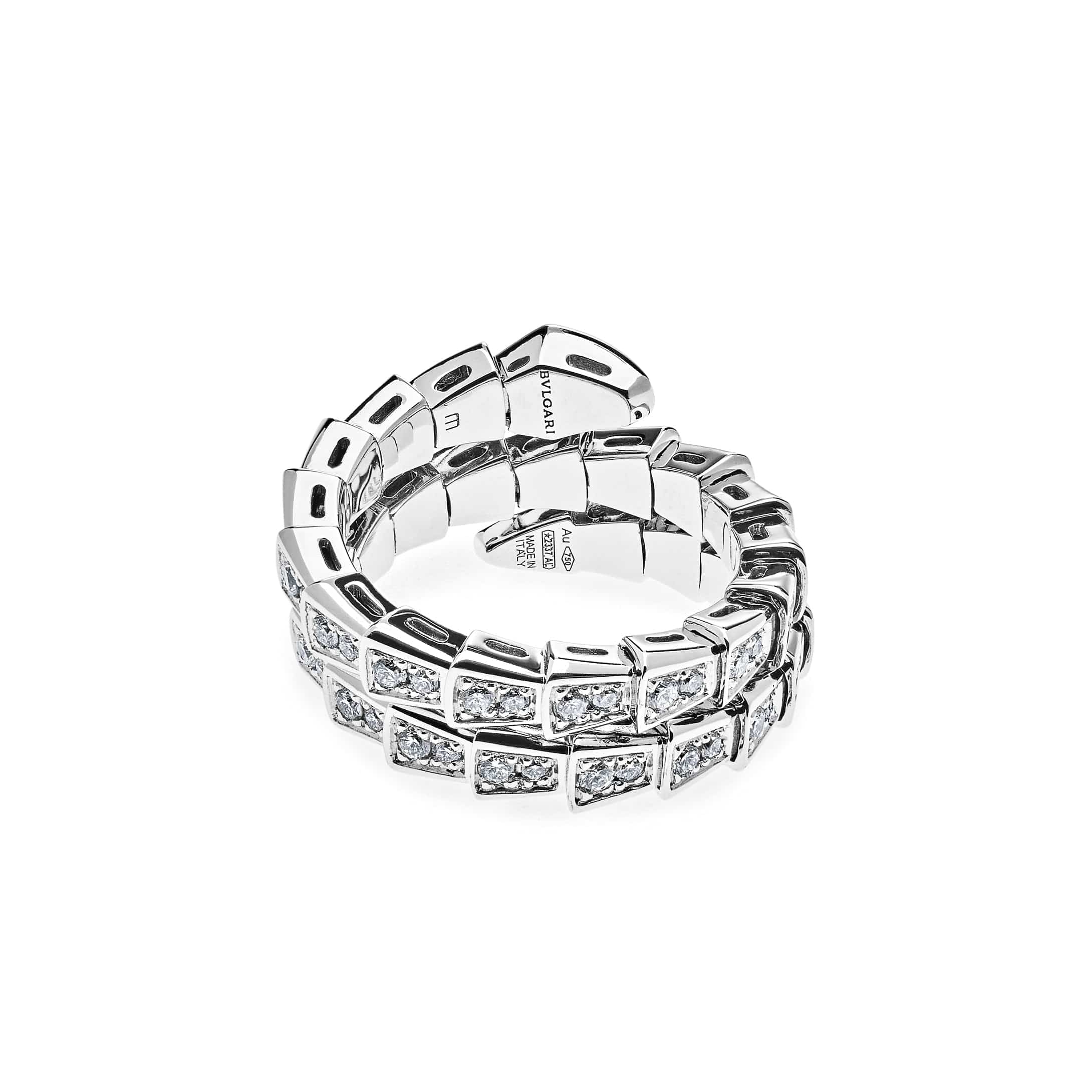 BVLGARI Serpenti Viper Thin Two-Coil Ring White Gold Full Pavé Diamond Set 357259