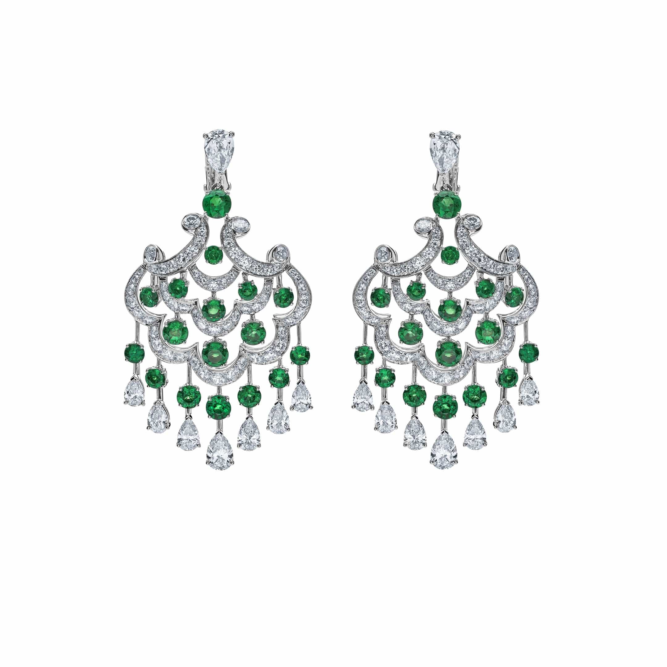Graff White Gold Diamond and Emerald Chandelier Earrings - Premium Luxury Product