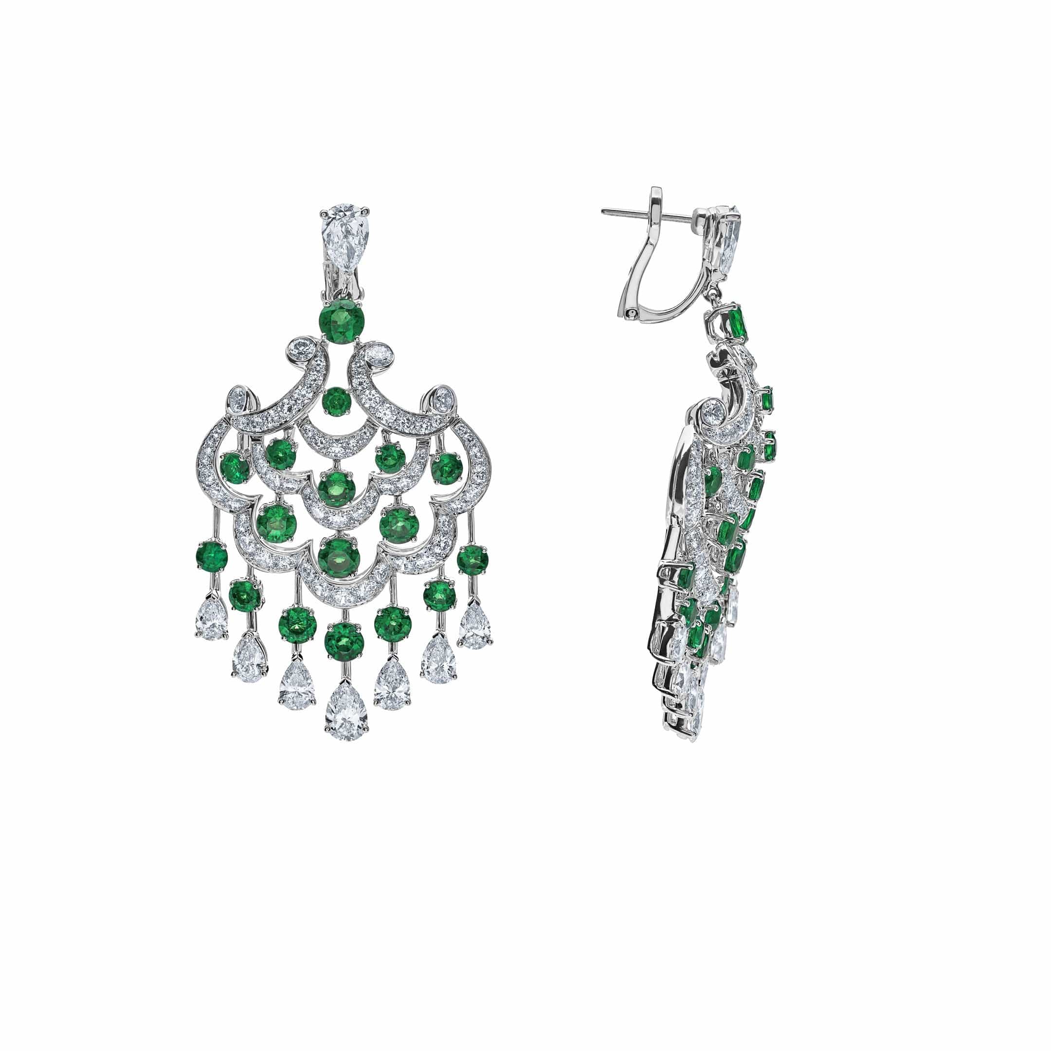 Graff White Gold Diamond and Emerald Chandelier Earrings