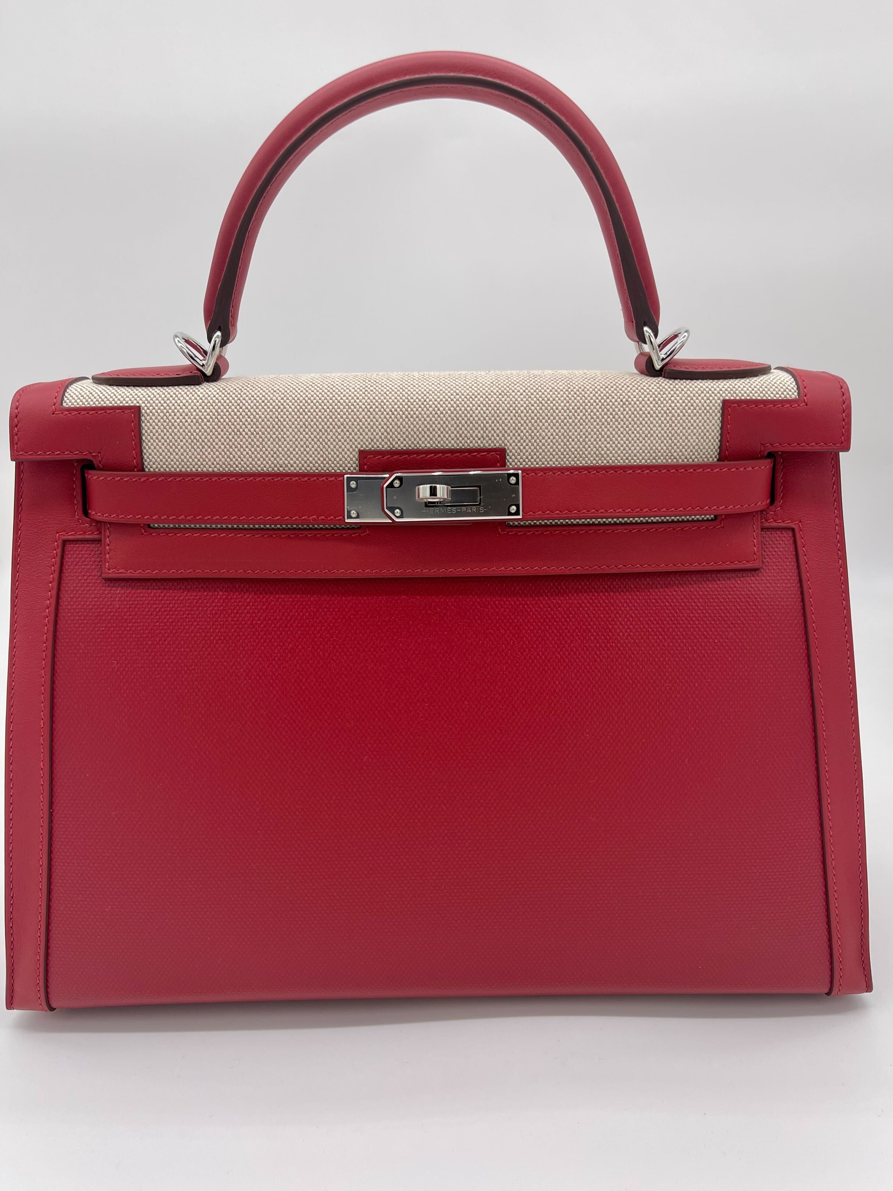 Hermès Kelly 32 Sellier Rouge Piment Swift and Toile Berline Palladium Hardware