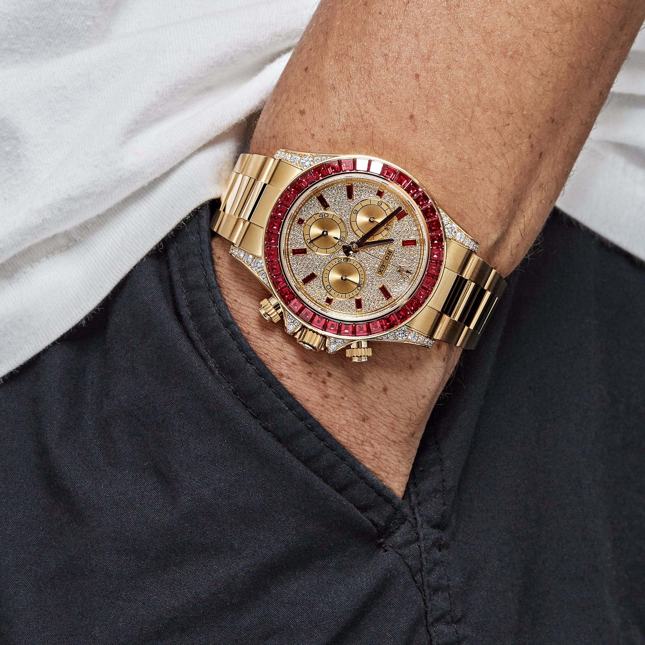 Rolex Cosmograph Daytona 126598TRU Yellow Gold Ruby Bezel Diamond Pave Dial