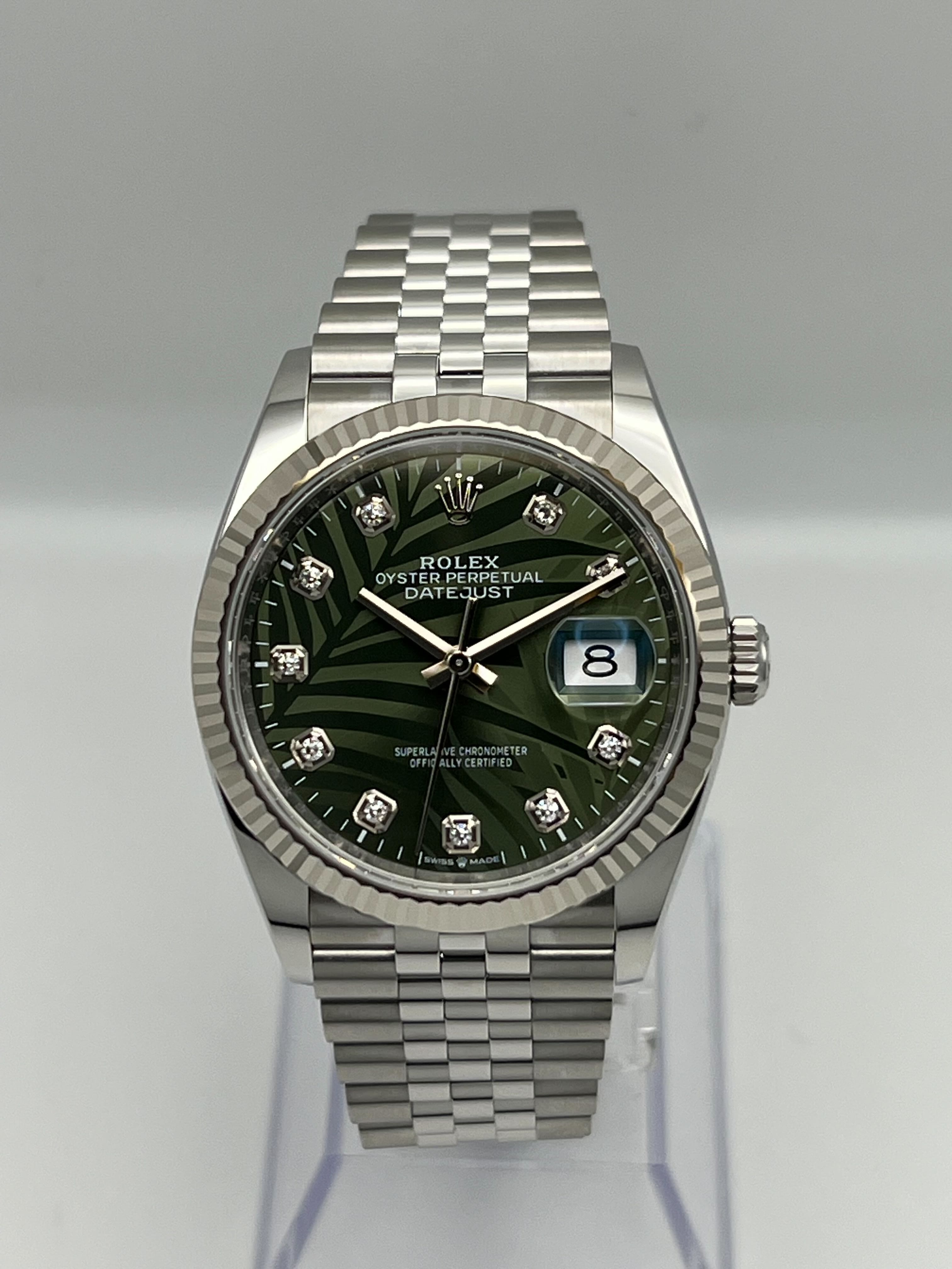 Rolex Datejust 126234 White Gold Stainless Steel Palm Motif Diamond Dial Jubilee (2023)