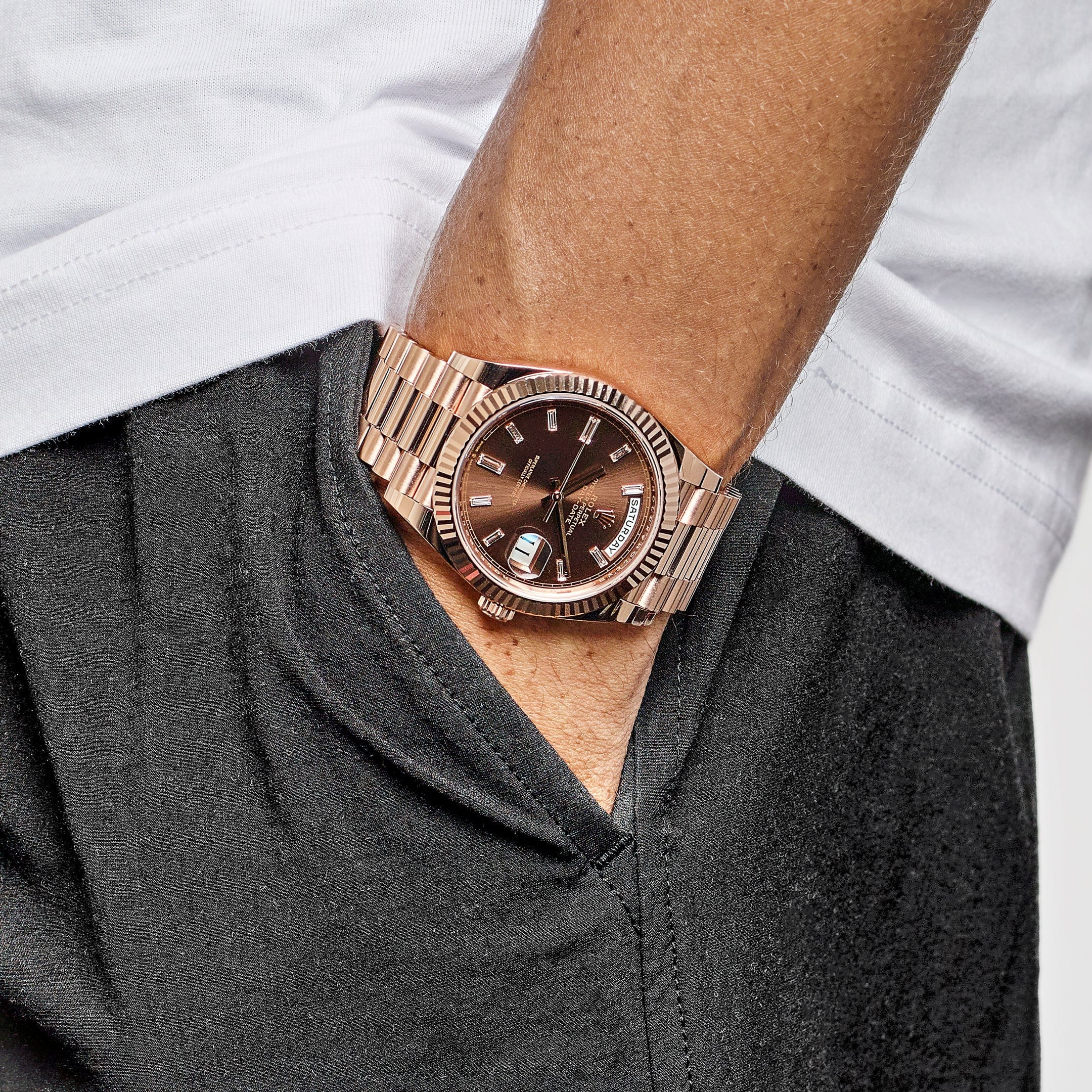 Rolex Day-Date 228235  Rose Gold Chocolate Baguette Diamond Dial (2021)