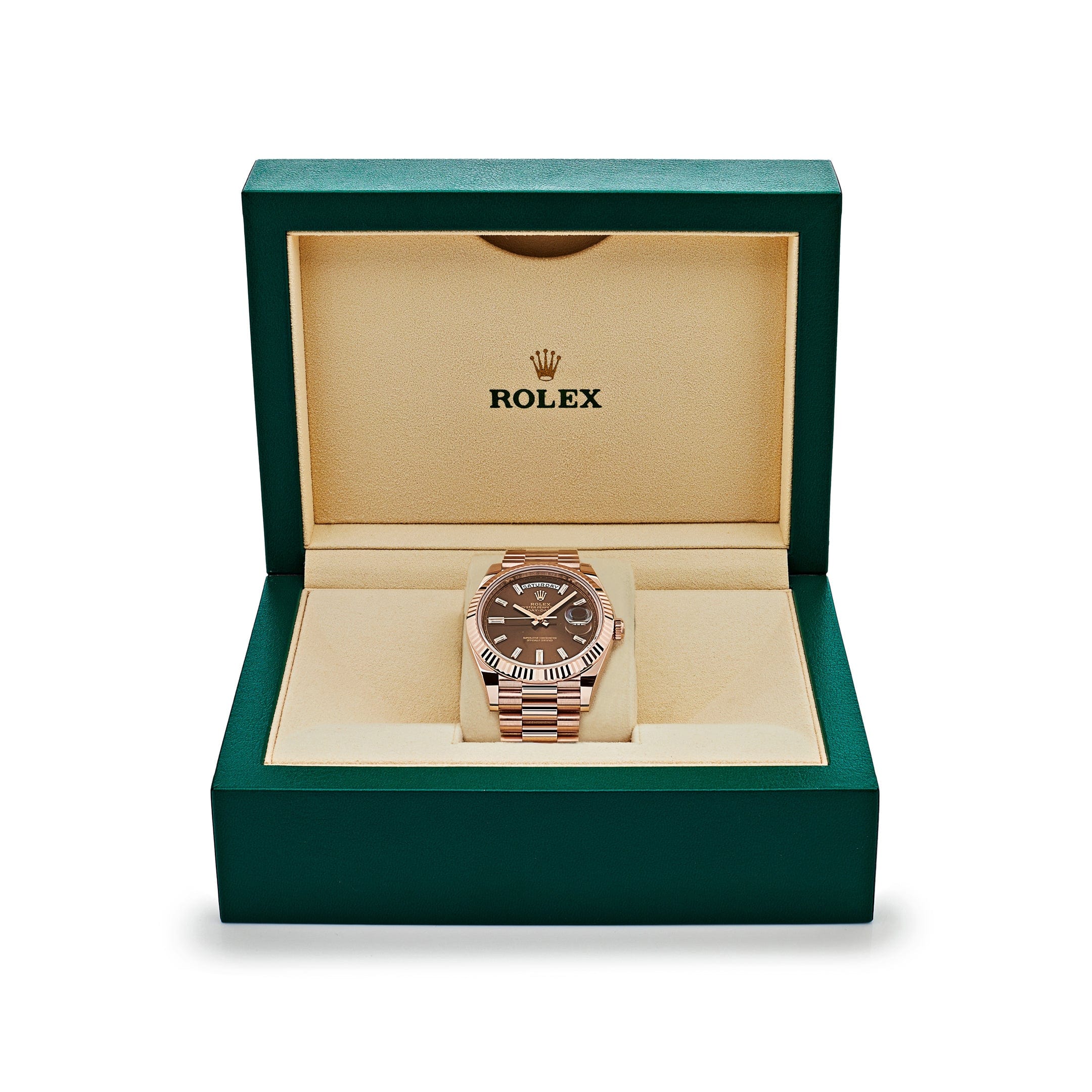 Rolex Day-Date 228235 Rose Gold Chocolate Baguette Diamond Dial (2023)