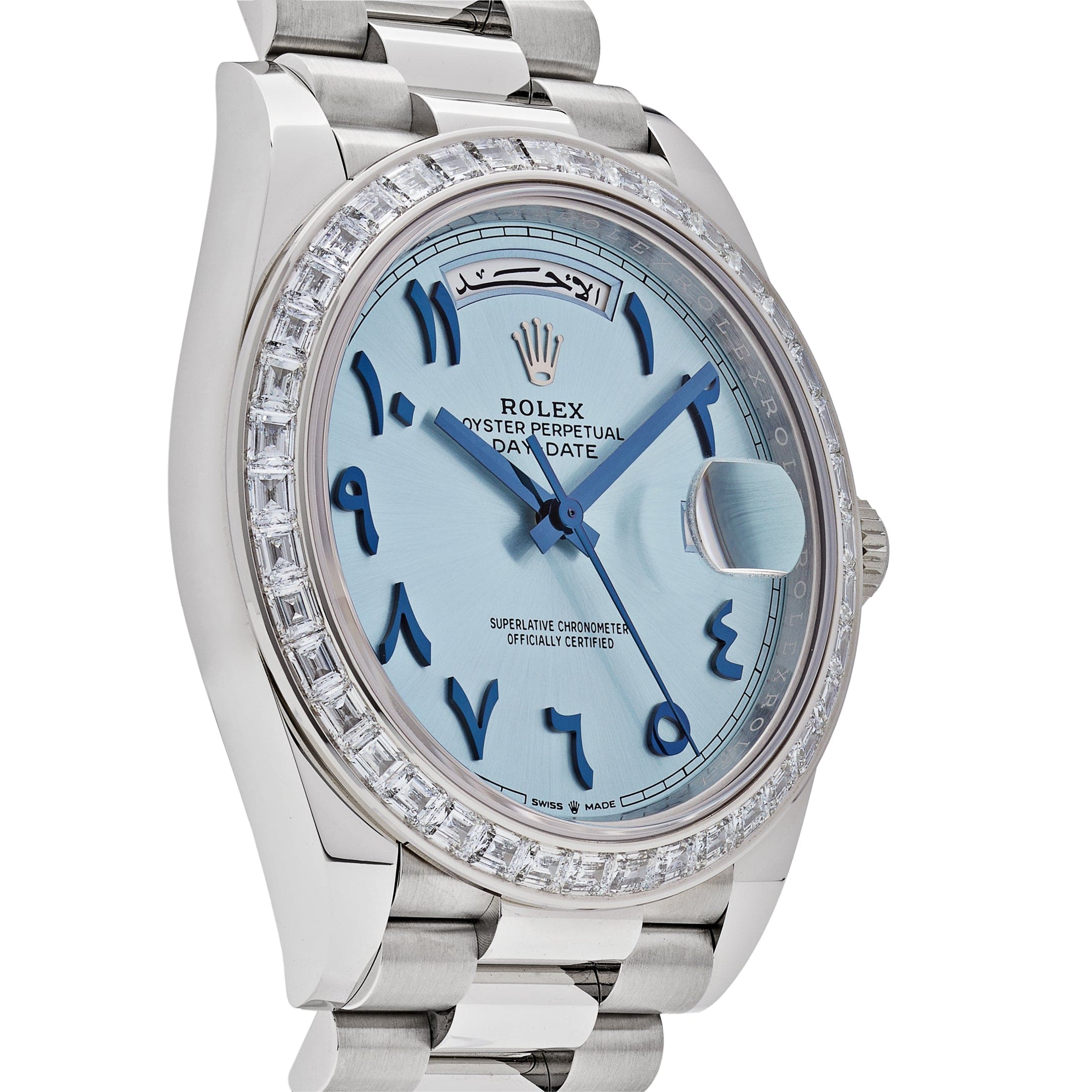 Rolex Day-Date 228396TBR Platinum Ice Blue Arabic Dial Diamond Bezel