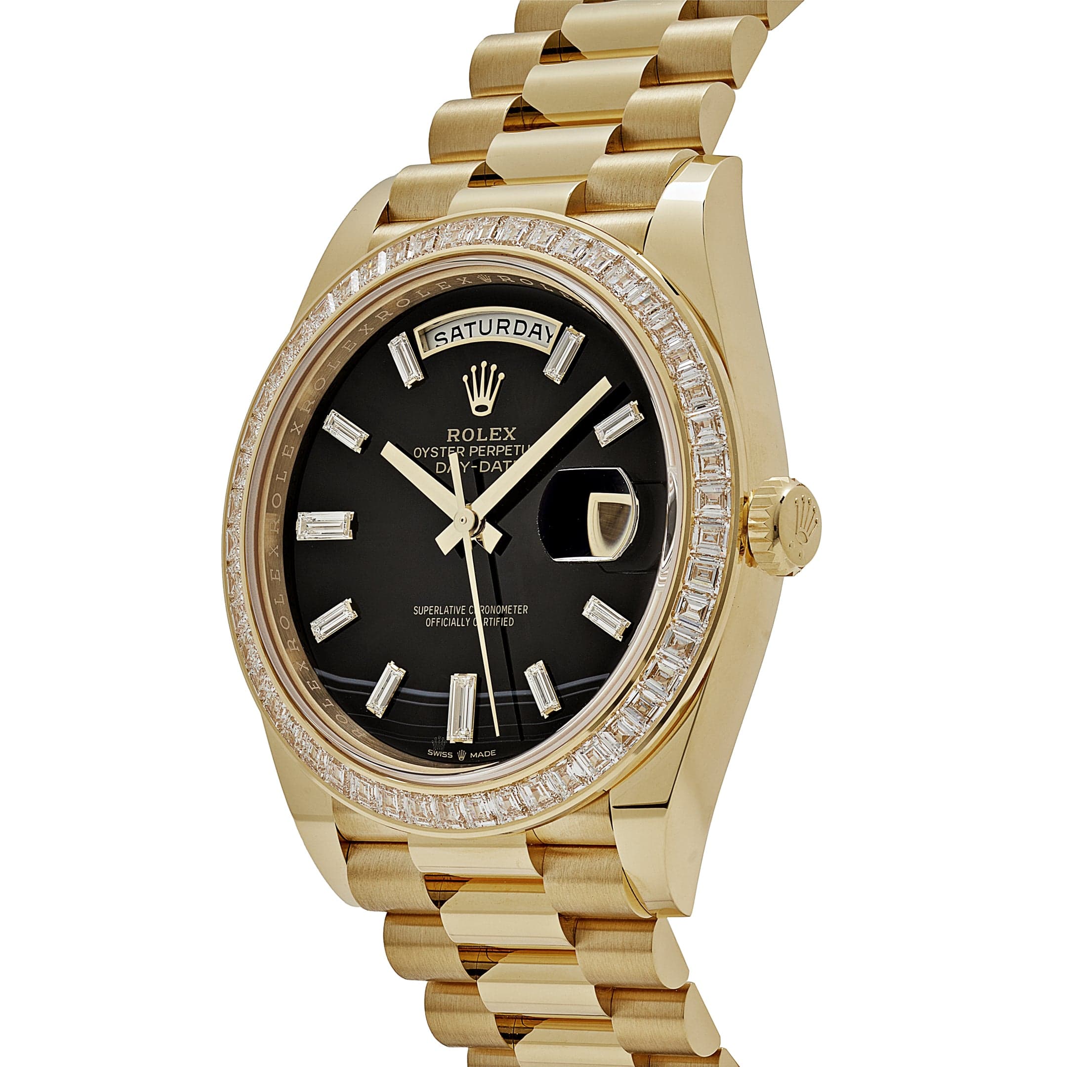 Rolex Day-Date 228398TBR Yellow Gold Onyx Baguette Diamond Dial Baguette Bezel (2023)