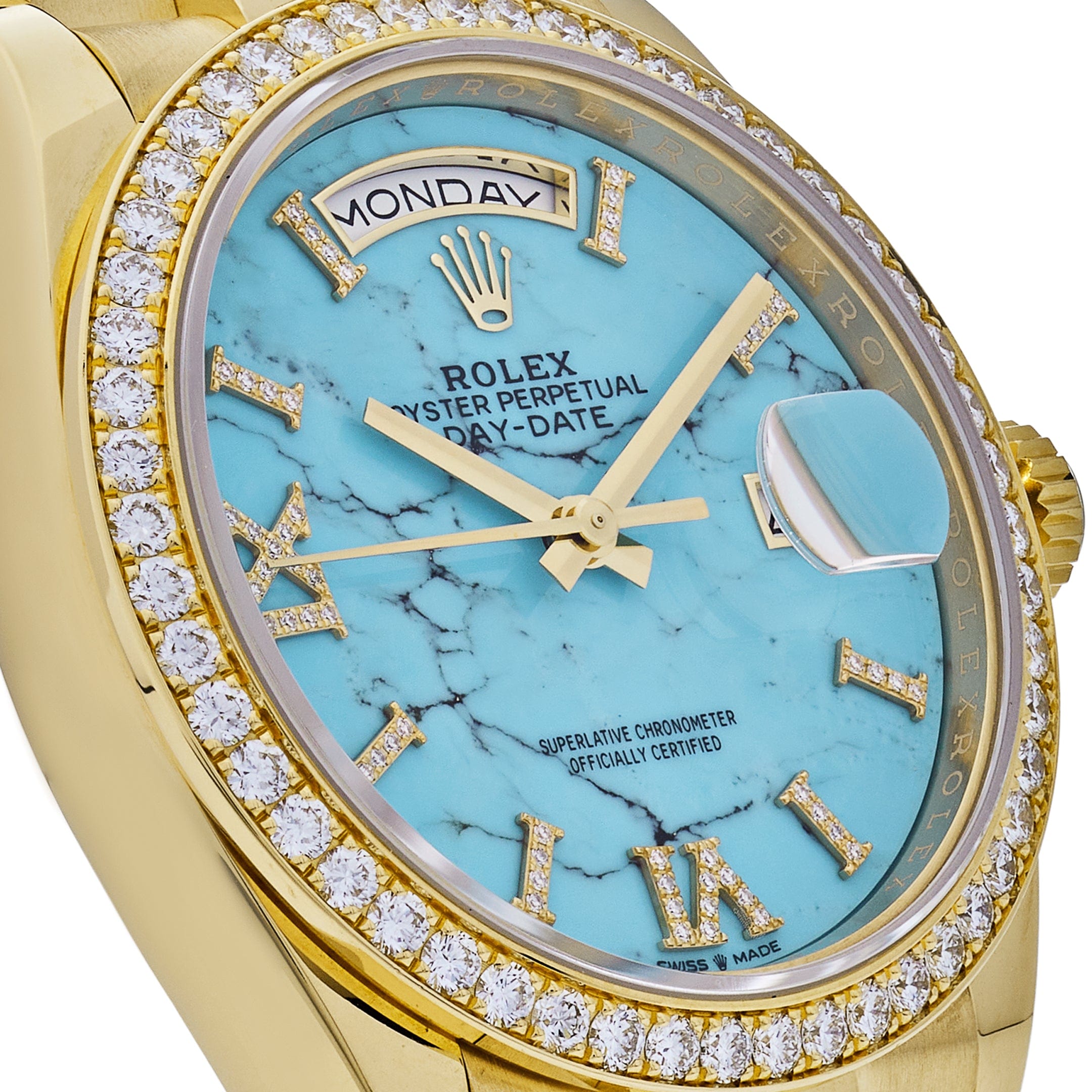 Rolex Day-Date 128348RBR Yellow Gold Diamond Bezel Turquoise Diamond Dial