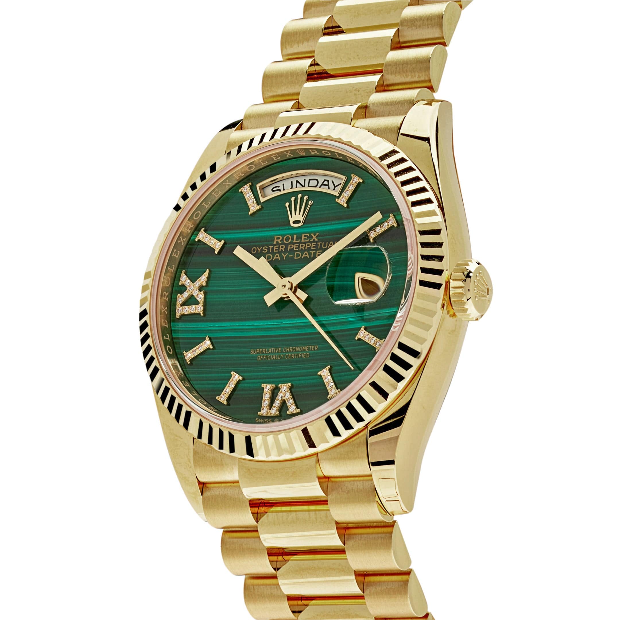 Rolex Day-Date 128238 Yellow Gold Green Malachite Roman Diamond Dial