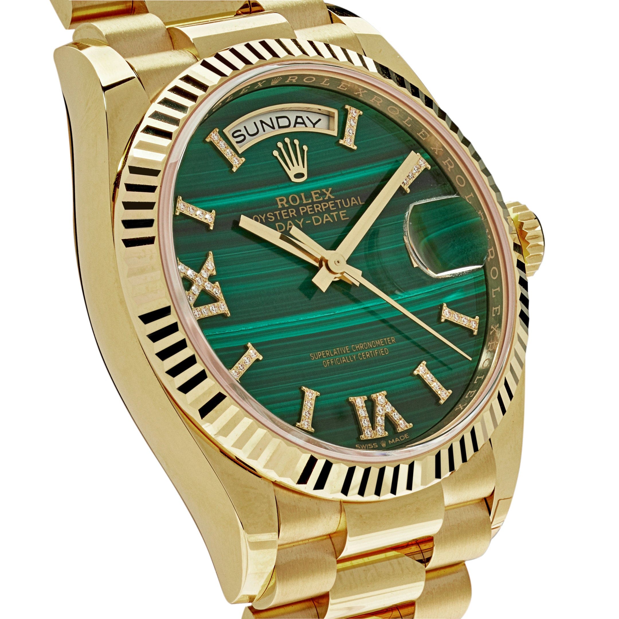 Rolex Day-Date 128238 Yellow Gold Green Malachite Roman Diamond Dial