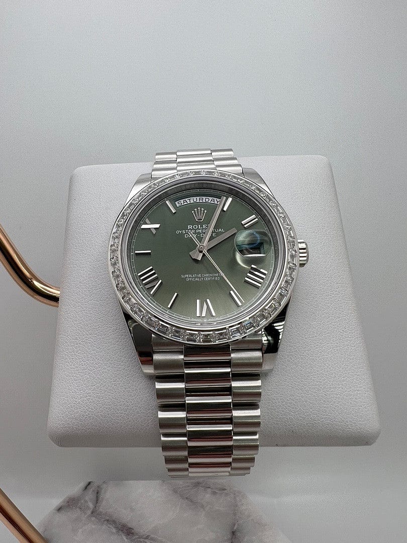 Rolex Day-Date 228396TBR Platinum Olive Green Dial Diamond Bezel