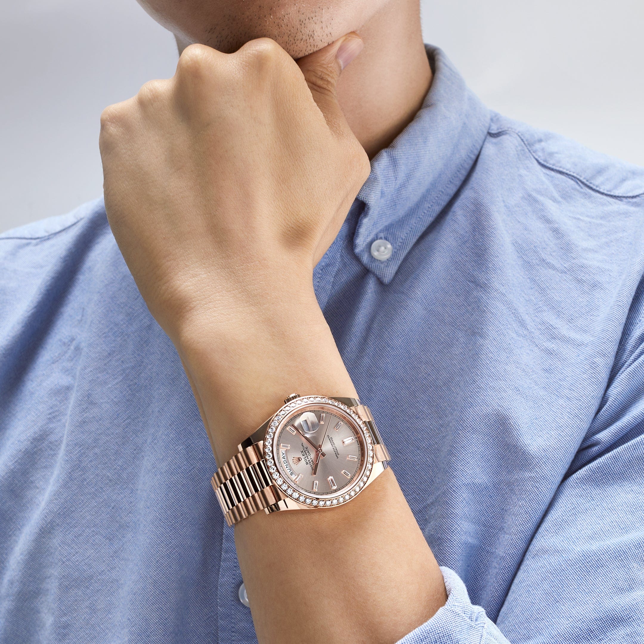 Rolex Day-Date 228345RBR Rose Gold Diamond Bezel Sundust Diamond Dial