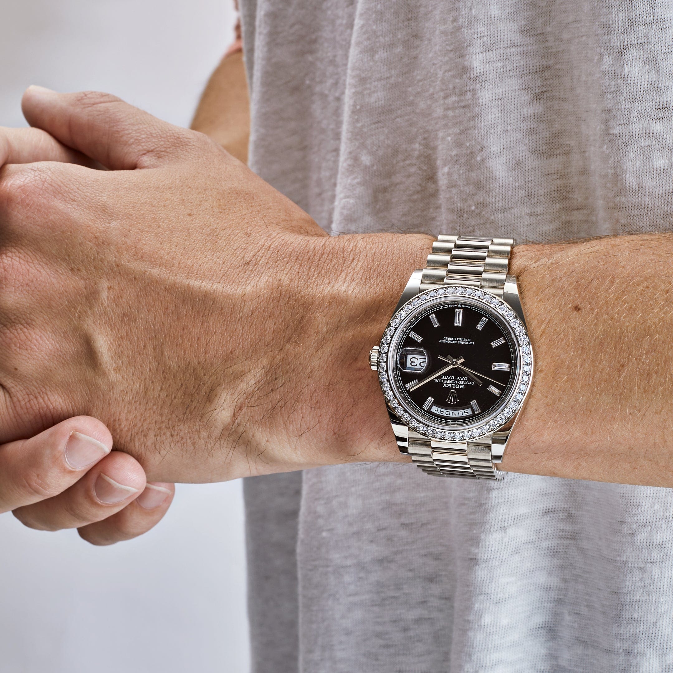 Rolex Day-Date 228349RBR White Gold Black Dial Diamond Bezel