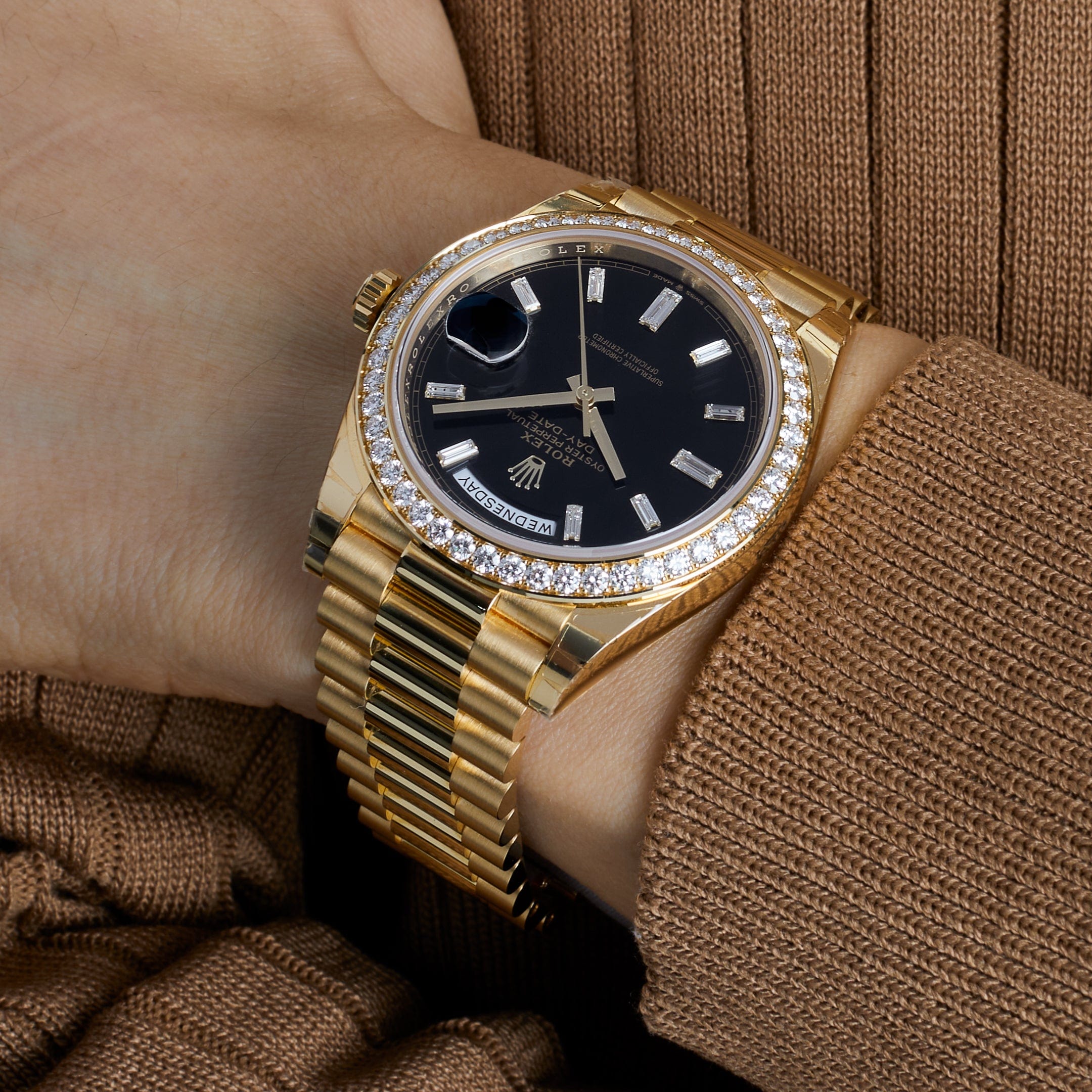 Rolex Day-Date 228348RBR Yellow Gold Black Diamond Dial Diamond Bezel