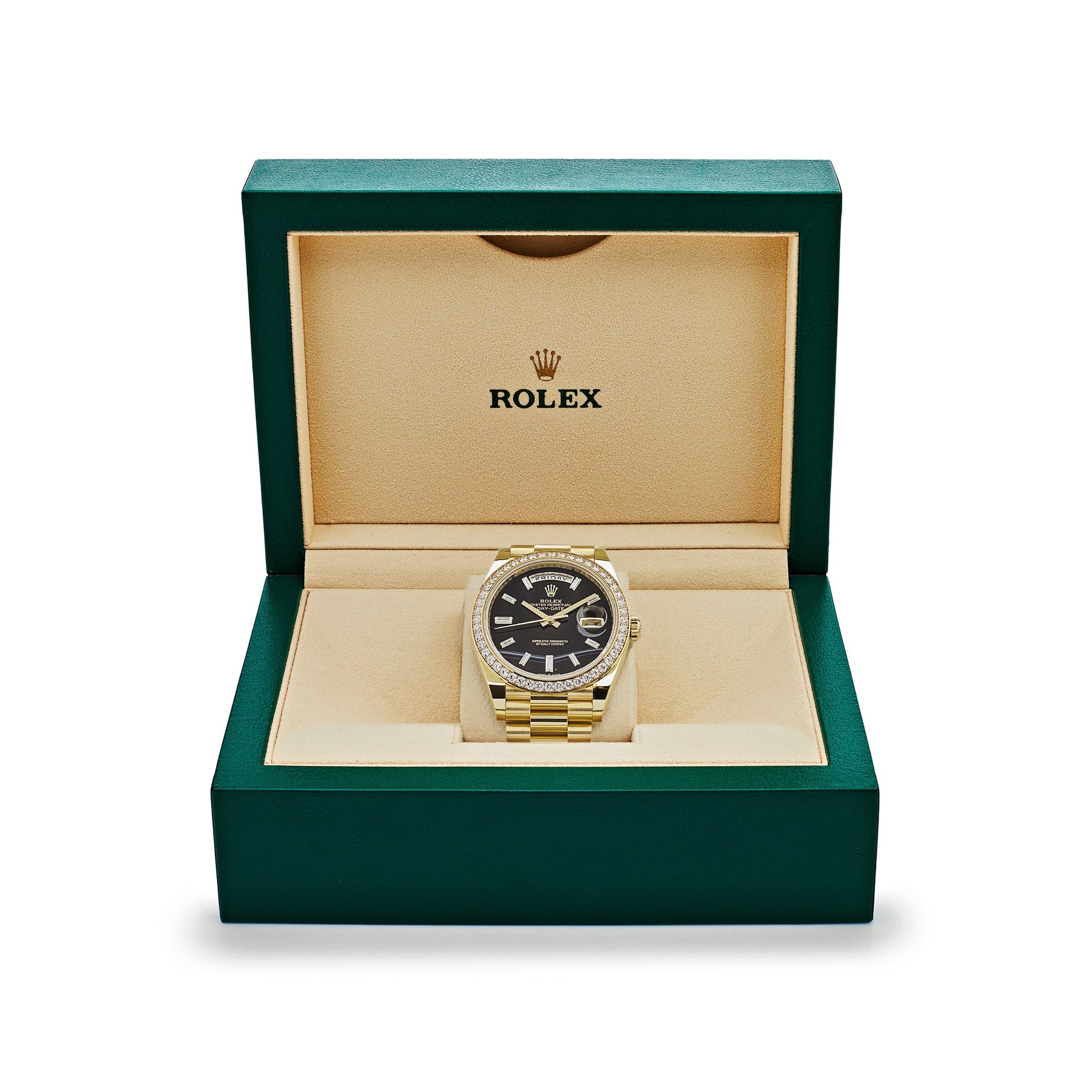 Rolex Day-Date 228348RBR Yellow Gold Diamond Bezel Black Onyx Dial